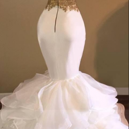 Unique Mermaid Gold And White Prom Dresses Long..