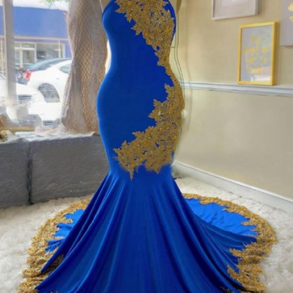Royal Blue And Gold Applique Prom Gowns Evening..