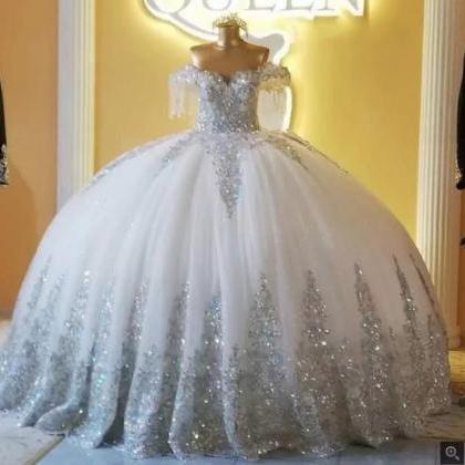 Silver Sparkly Ball Gown Wedding Dresses Off..