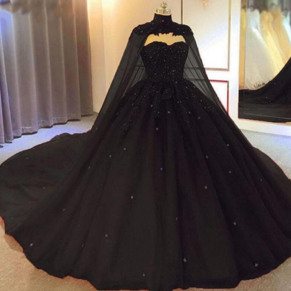 Black Ball Gown Gothic Wedding Dresses With Cape..