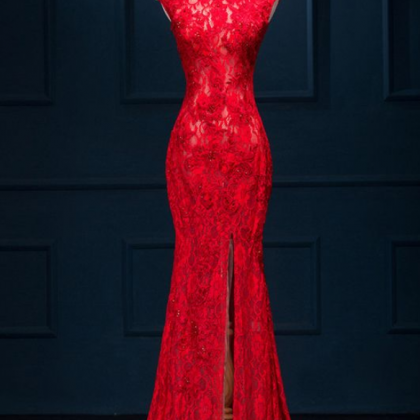 Red Prom Dresses, Lace Prom Dress, Mermaid Prom..