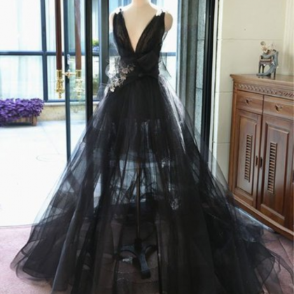 Trendy Evening Dress, Black V-neck Prom Dress,..