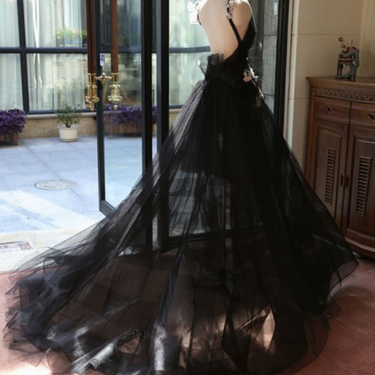 Trendy Evening Dress, Black V-neck Prom Dress,..