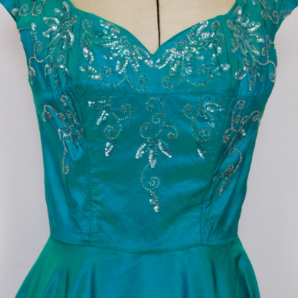 Vintage 1950s Iridescent Teal Satin Ball Gown -..