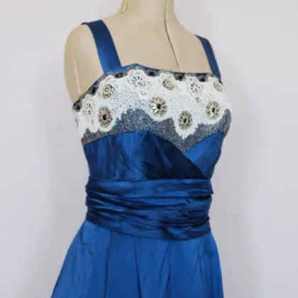 Vintage 1950s Blue Satin Ball Gown - 50s Prom..
