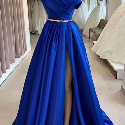 Blue Satin V Neck Long Side Slit Prom Dress, Royal..
