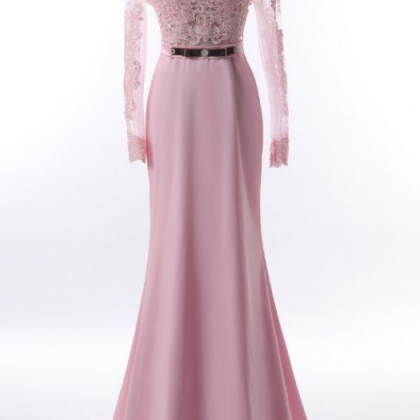 Dramatic Pink Prom Gowns,long Sleeves Mermaid Prom..