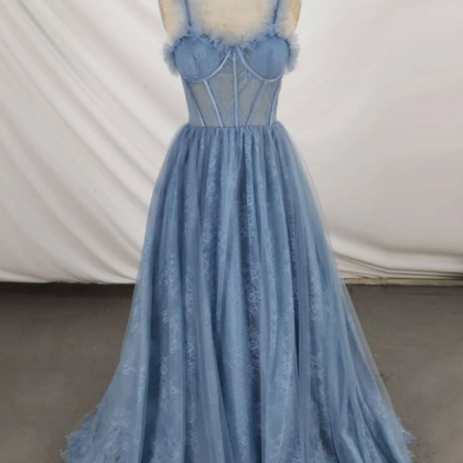 Gray Sweetheart Neck Tulle Lace Long Prom Dress..