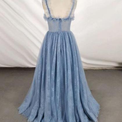 Gray Sweetheart Neck Tulle Lace Long Prom Dress..