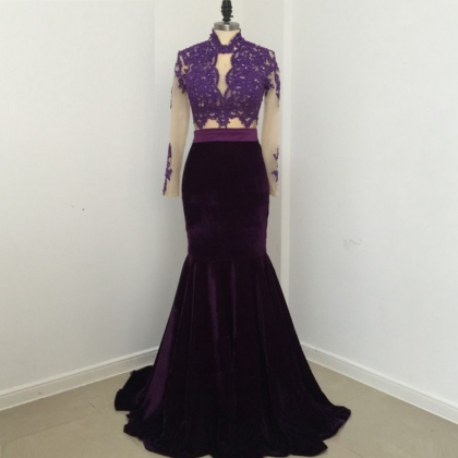 Two Pieces Prom Dress Velvet Skirt Long Sleeves..