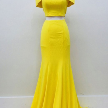 Yellow Satin Off Shoulder Two Piece Long Simple..