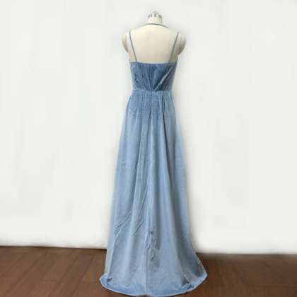 Dusty Blue Velvet Long Bridesmaid Dress With Slit