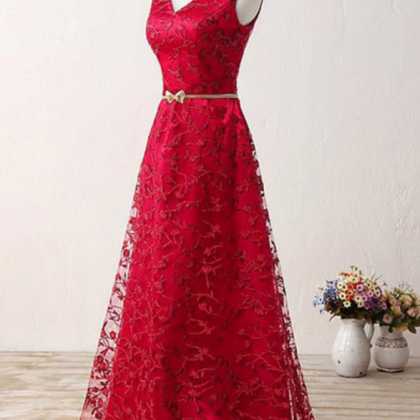 Stylish V Neck Red Lace Long Prom Dress With Gold..