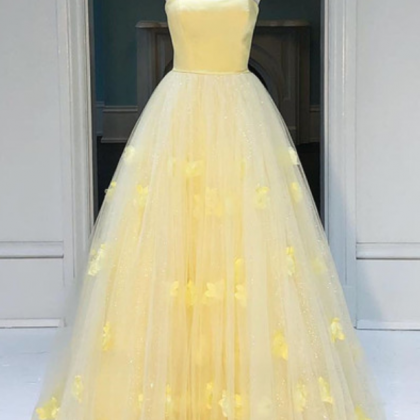 Yellow Tulle Princess Strapless A-line Long Prom..