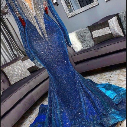 2019 Bling Tassels Top Sequined Mermaid Long Prom..