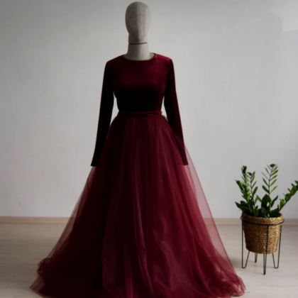 Prom Dresses Burgundy Lux Velvet Long Sleeve..