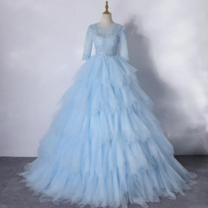 Light Blue Layers Tulle With Lace Princess Gown,..