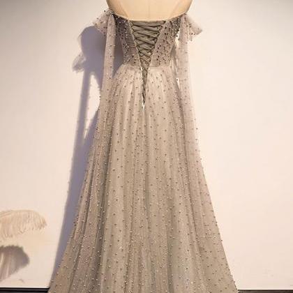 One Shoulder Gray Long Prom Dresses With Beads,..
