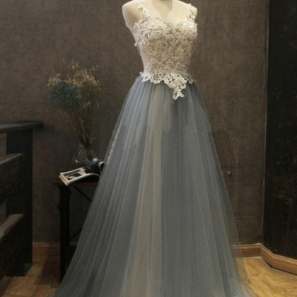 A Line Backless White Lace Beading Gray Tulle Long..