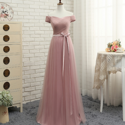 Pink Tulle Off Shoulder A Line Long Prom Dress,..