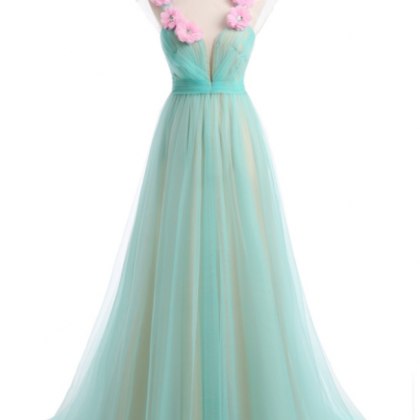 Long Prom Dress, Tulle Handmade Flowers Evening..