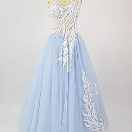 Pale Blue See Through Lace Long Evening Prom..