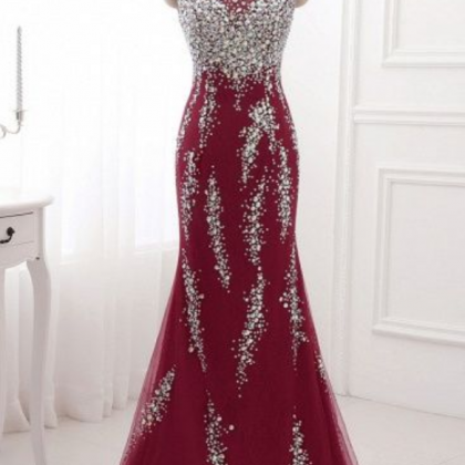 Luxury High-neck Burgundy Mermaid Prom Dresses..