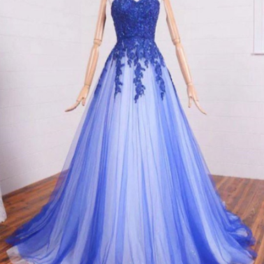 A Line Sweetheart Neck Lace Tulle Blue Long Prom..