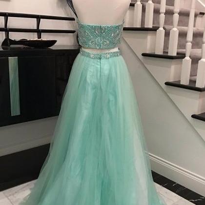 Mint Halter Two Pieces Long Tulle Prom Dresses For..