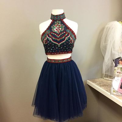 Charming Prom Dress, Two Piece Prom Dresses, Navy..