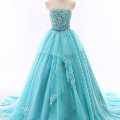 Charming Light Blue Prom Dress, Appliques Tulle..