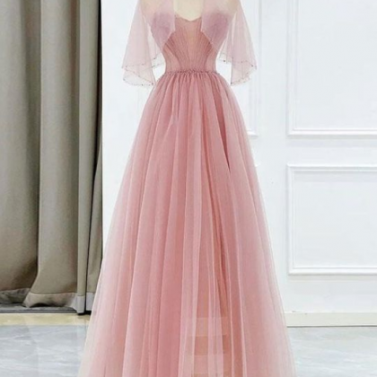 Pink Tulle Tea Length Prom Dress, Pink Tulle..