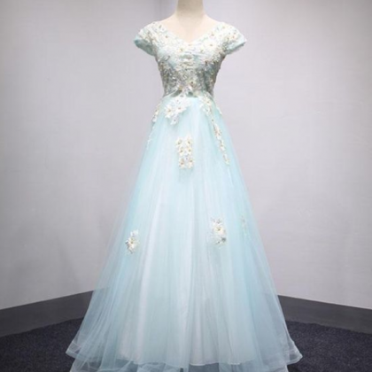 Light Blue Lace Tulle Long Prom Dress, Lace..