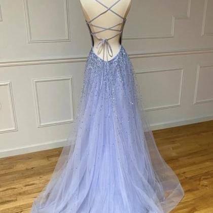 Prom Dresses Tulle Beads Long Prom Dress Evening..