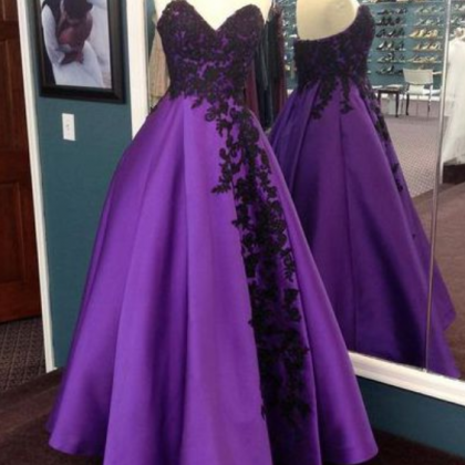Purple Strapless Lace Long Prom Dress, Lace..