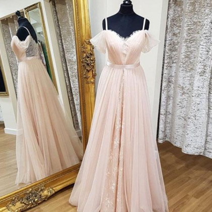 Simple Pink Sweetheart Neck Tulle Long Prom Dress,..