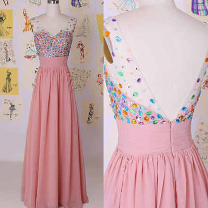 Rose Pink Chiffon V Back Prom Dress With Colorful..