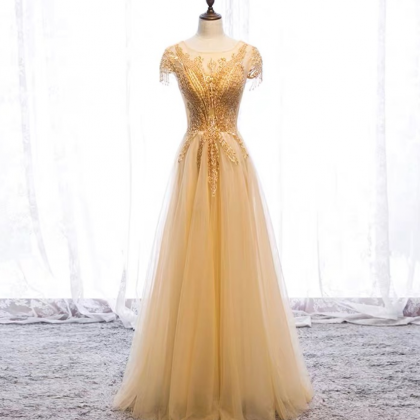 Style, Long Fairy Elegant Dress, Golden Beaded..