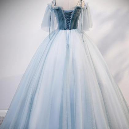 Blue Tulle Ball Gown, Spaghetti Strap Blue Party..