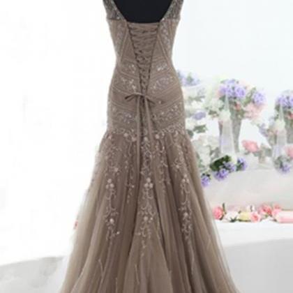 Mermaid Lace Up Prom Dresses,brown Tulle Prom..
