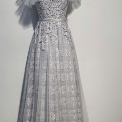 Silvery Lace Wedding Gown With..
