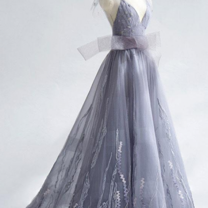 Unique Gray Tulle V Neck Long Prom Dress, Unique..
