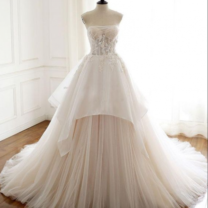 Ivory Strapless A-line Tulle Long Prom..