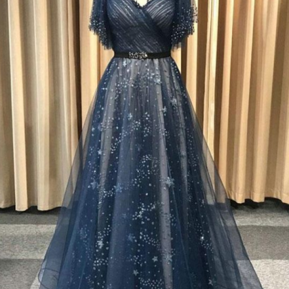 Dark Blue Tulle Long Prom Dress, Blue Tulle..
