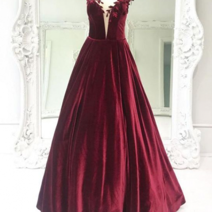 Burgundy Velvet Long Prom Dresses Cap Sleeve..