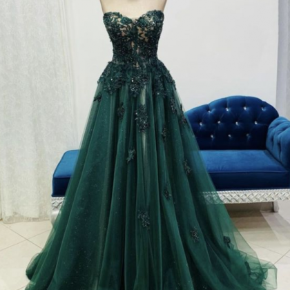 Green Lace Long Prom Dress A Line Prom Dress