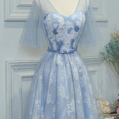 Mini Short Prom Dress, Blue Lace Short Prom Dress..