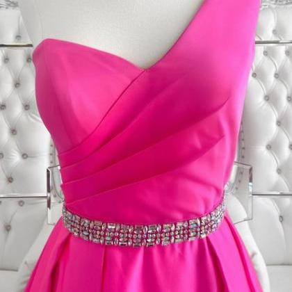 One Shoulder Open Back Pink Long Prom Dresses With..