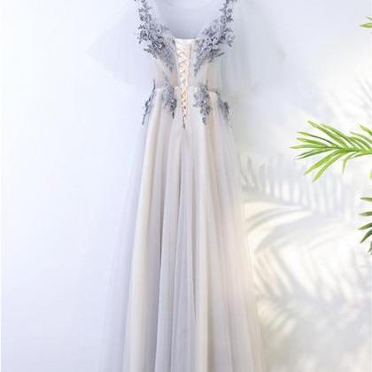 A Line Round Neck Short Sleeves Lace Prom Dresses..