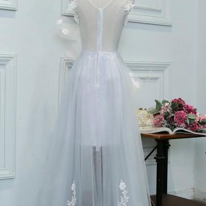 Unique Gray Tulle Lace Applique Long Prom Dress,..